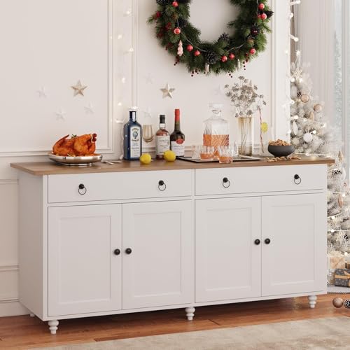 4 EVER WINNER Buffet Cabinet with Storage, 55" Sideboard Buffet Cabinet with 2 Drawers and 4 Doors, Modern Farmhouse Coffee Bar Cabinets, Wood Buffet Table for Kitchen, Dining Room, White