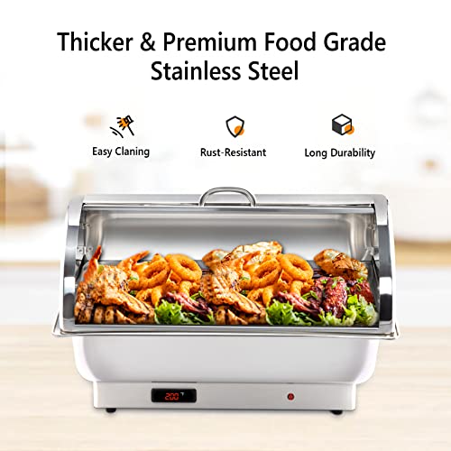 ROVSUN Electric 9 QT Stainless Steel Chafing Dish Buffet Set,Roll Top Chafer, Food Warmer with Full Size & 2 Detachable Food Pans for Party Wedding Catering Banquet Graduation