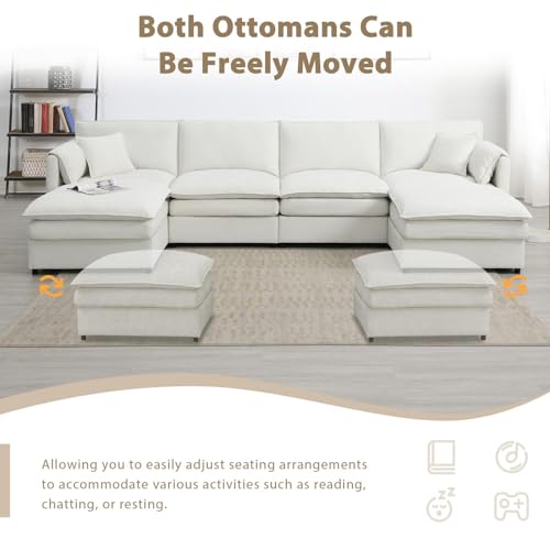 Modular Sectional Sofa U Shaped Sofa Couches with 2 Ottoman, Modern Chenille L Shaped Comfy Cloud Couch Living Room Set, 6-Seater Deep Modular Sectional Corner Couch with Double Cushions, Cream