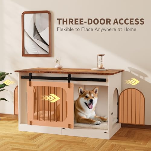 XL Dog Kennel Furniture,39.4 Inch Farmhouse Crate Furniture with Cushion Decorative White Dog Kennel Indoor Thick Wooden Pet House End Table Modern Cage Furniture for Small/Medium/Large Dog