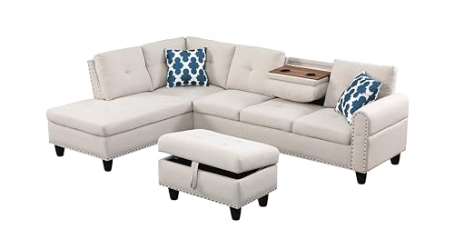 Sleeper Sofa, 3 Piece Upholstered Lien Sectional Sofa Bed with USB Port Cup Holder, Pull Out Couch Bed with Storage Chaise for Living Room, Sofa Sleeper Convertible L shape Couch, Blue Couch