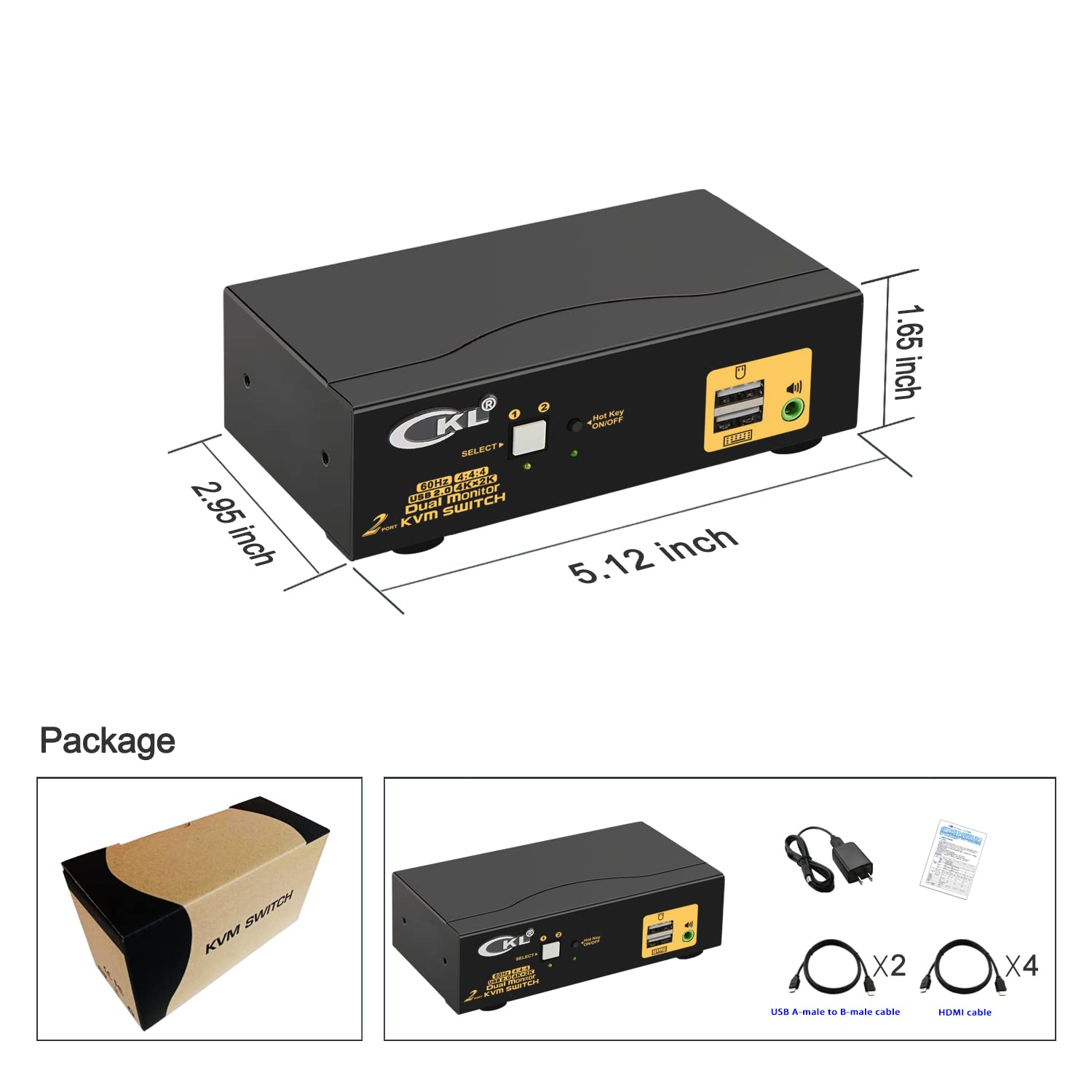 CKL 2x2 Matrix HDMI KVM Switch Dual Monitor USB 3.0 4K 60Hz, PC Monitor Keyboard Mouse Peripherals Sharing Box with Cables for 2 Computers or Laptops