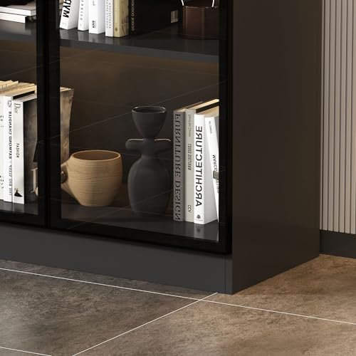 MOUMON Glass Display Cabinet with Lights & 4 Pop-up Doors, Glass Cabinet Display Case with 5-Tier Storage Shelves, for Living Room Hallway Black (31.5”W x 14.2”D x 78.7”H)