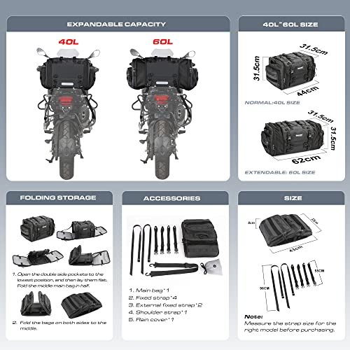 HUNTVP 40-60L Motorcycle Seat Bag Motorcycle Tail Bag Shoulder Bag Travel Luggage Bags Motorbike Rear Tack Truck Bag Storage Bags with Rain Cover (Black 40-60L)