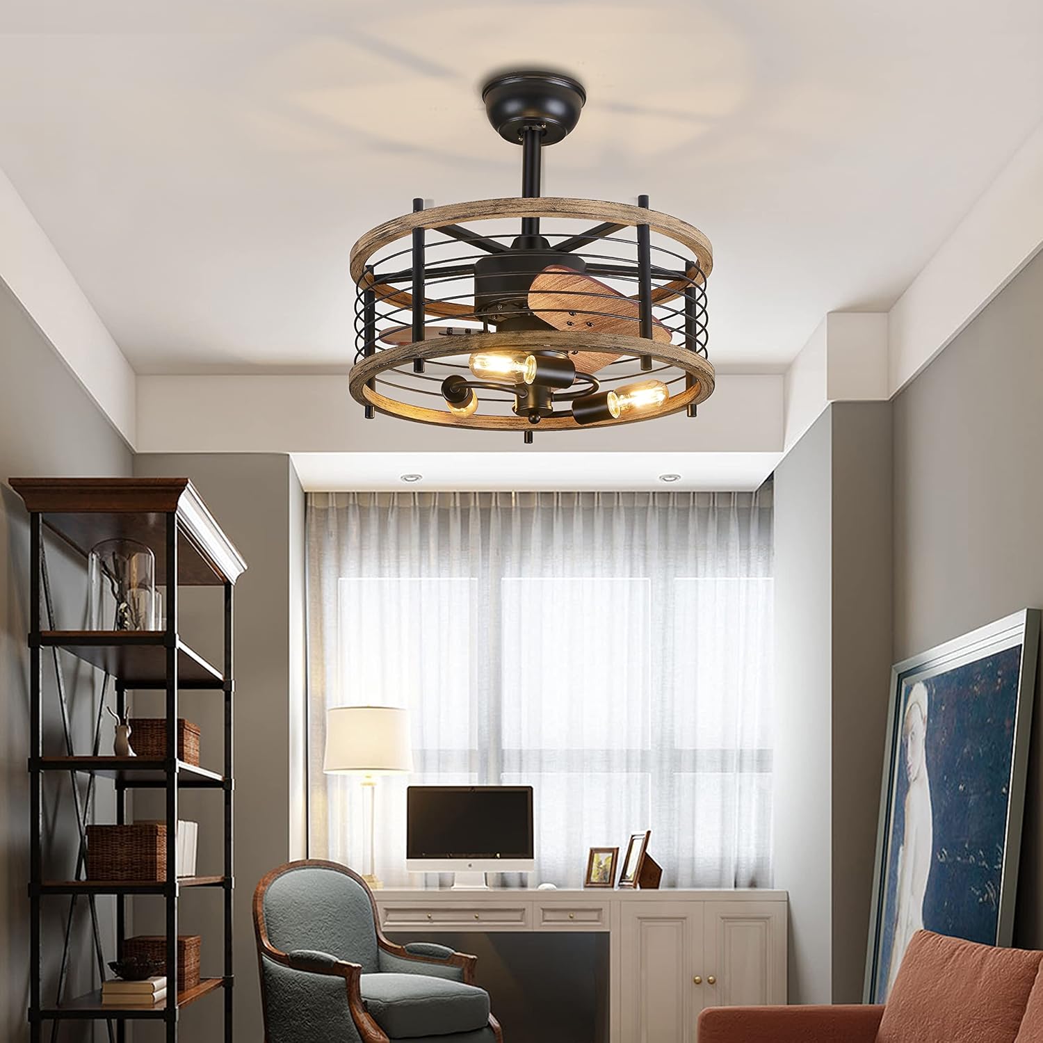 20-inch Industrial Caged Ceiling Fan with Lights Remote Control, Reversible,Modern Enclosed Bladeless Ceiling Fan Indoor, Rustic Vintage Metal Cage Fandelier Ceiling Fan (Mesh,Bulbs Included)