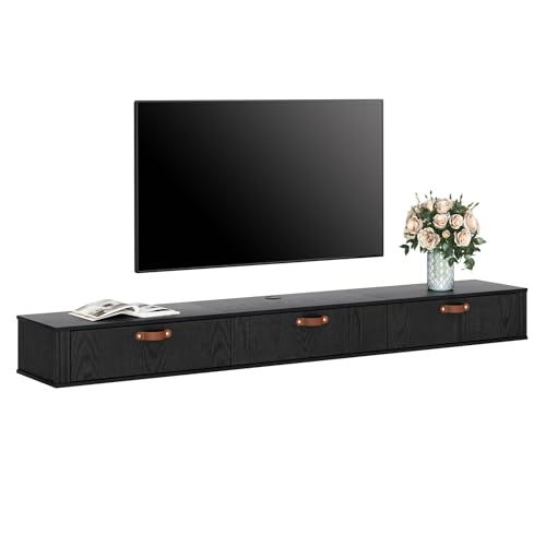 WAMPAT Floating TV Stand,Wall Mounted, Wood Media Console Entertainment Center with Cabinet, 70 inch floating tv shelf for Living Room, Bedroom,Black