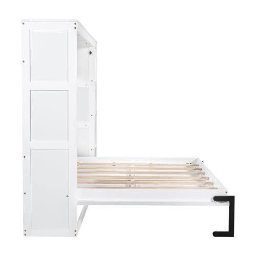 Wooden Murphy Cabinet Bed Frame with Charging Station, Full-Size Foldable Wall Bed with Large Storage Drawer for Home Apartment Limited Living Places, Space-Saving Hidden Bed No Box Spring Needed