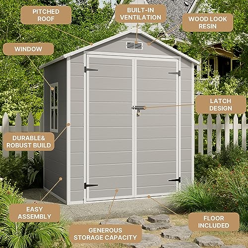 Gizoon Outdoor Resin Storage Shed 5x3 FT, Plastic Garden Shed with Floor for Tool, Garbage Can, Bike, Outside Sheds & Outdoor Resin Shed with Lockable Door for Patio, Lawn, Backyard, Grey & White