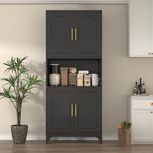 Kitchen Pantry Cabinet with Acrylic Glass Doors, 75" Metal Kitchen Hutch with Countertop, Adjustable Shelves, Freestanding Food Pantry Cabinet for Living, Dining Room, Black, Assembly Required