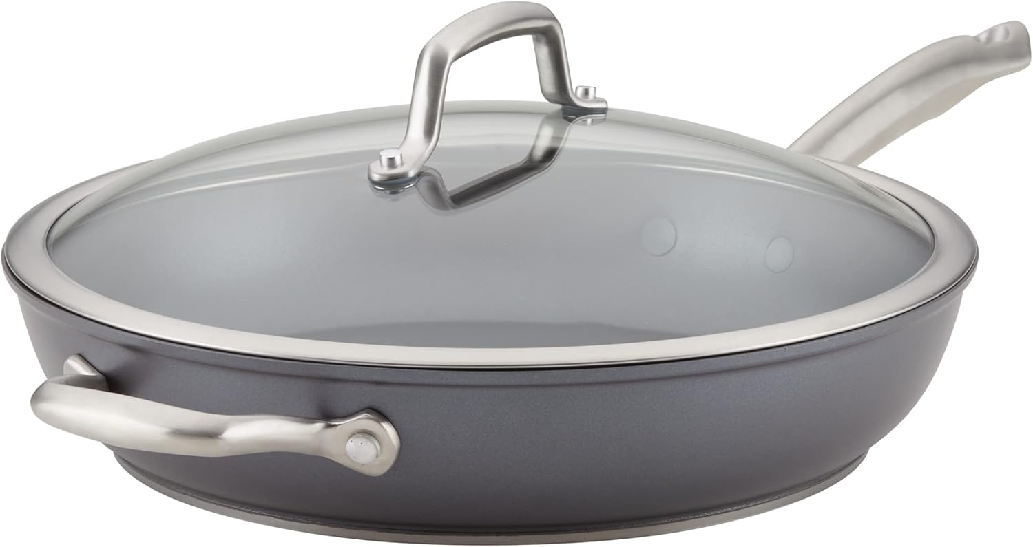 Anolon Accolade Forged Hard Anodized Cookware Pots and Pans Set, 12 Piece - Moonstone Gray & Accolade Forged Hard Anodized Deep Frying Pan/Skillet with Helper Handle and Lid,12 Inch - Moonstone Gray