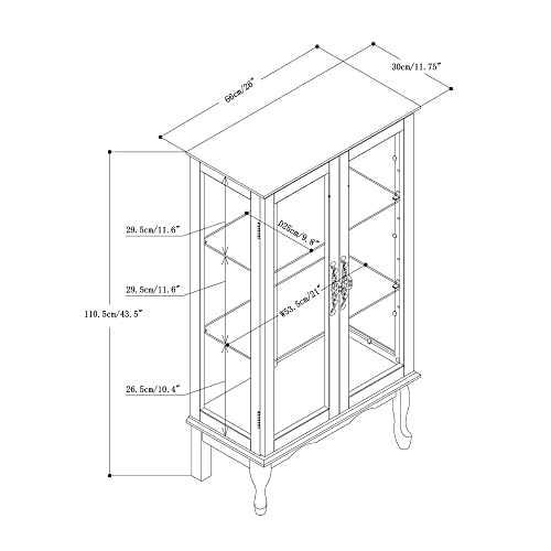 Wooden Lighted Curio Display Storage Cabinet with 3-Tier Adjustable Shelves Mirrored Back Panel, Tempered Glass, Magnetic Door Closures, Floor Mount, Classic Style, Walnut