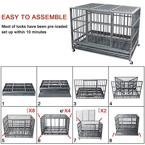 Otaid 48 Inch Heavy Duty Dog Crate Cage Kennel with Wheels, High Anxiety Indestructible Dog Crate, Sturdy Locks Design, Double Door and Removable Tray, Extra Large XL XXL Dog