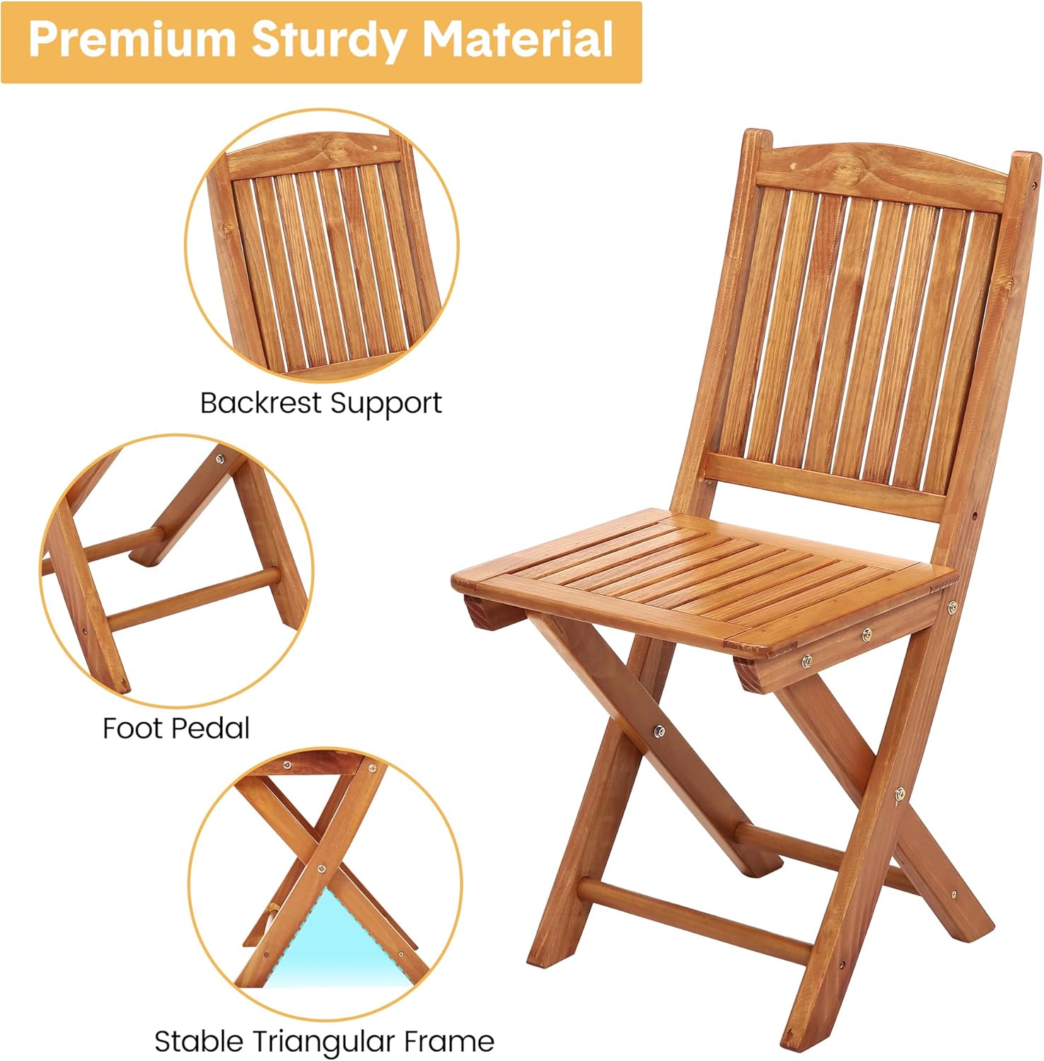3Pcs Patio Bistro Set, Wood Folding Table Set, Outdoor Furniture Round Table for Garden Yard, Casual Bistro Table and Chairs Set of 2 for Condominium Pool Front Porch Beach, Wood