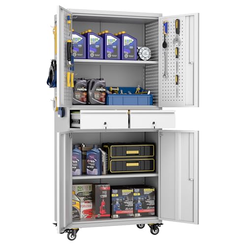 73" H Metal Storage Cabinet with Wheels, Garage Storage Cabinet with 4 Adjustable Shelves and Lockable Doors for Garage Home Office Utility Room,Required Assembly,Black