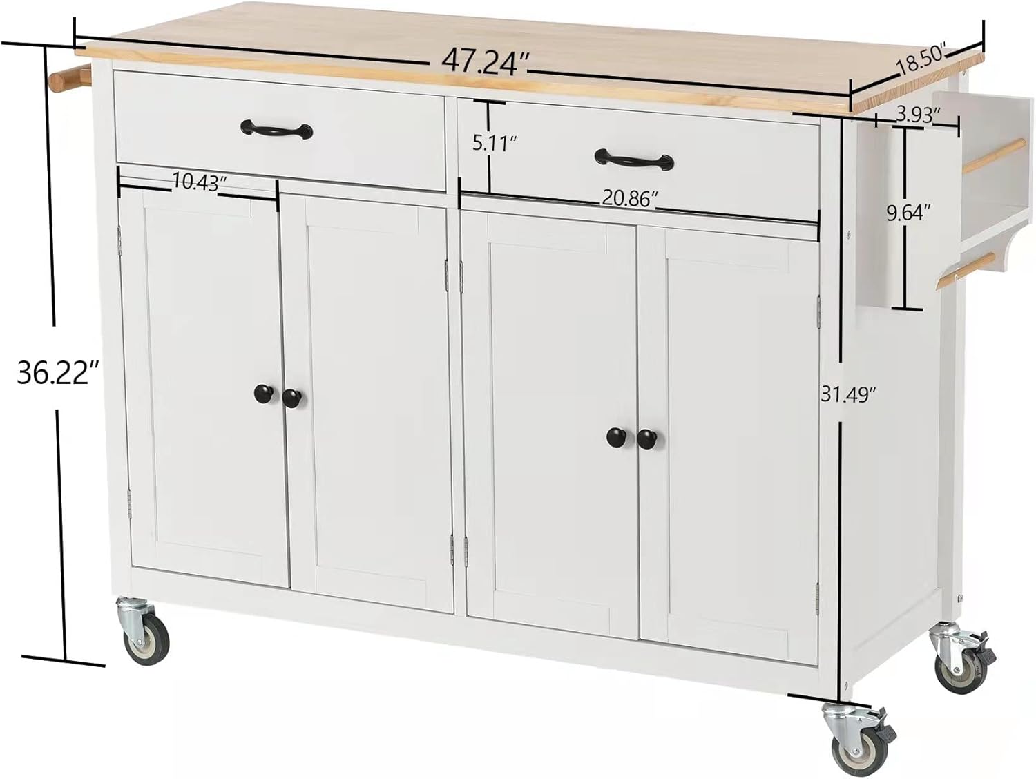 LUMISOL Rolling Kitchen Island Cart with Solid Wood Top for Kitchen, Mobile Storage Cart on Wheels with 2 Drawers and 4 Door Cabinet, White