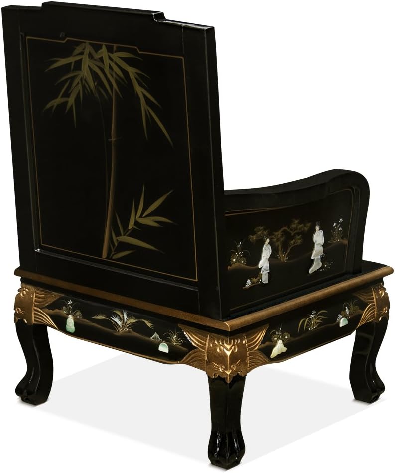ChinaFurnitureOnline Wooden Asian Arm Chair, Black Lacquer Chinoiserie with Pearl Maidens