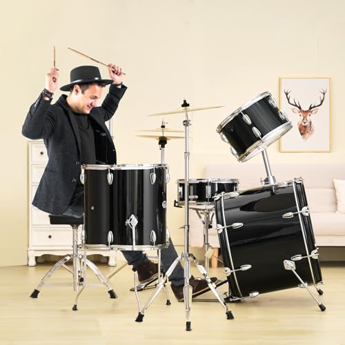 VEVOR Adult 5-Piece Drum Set, 22 Inches Complete Full Size Kit with Bass, Toms, Snare, Floor, Adjustable Throne, Stands, Cymbal, Hi-Hat Pedal and Drumsticks, Black