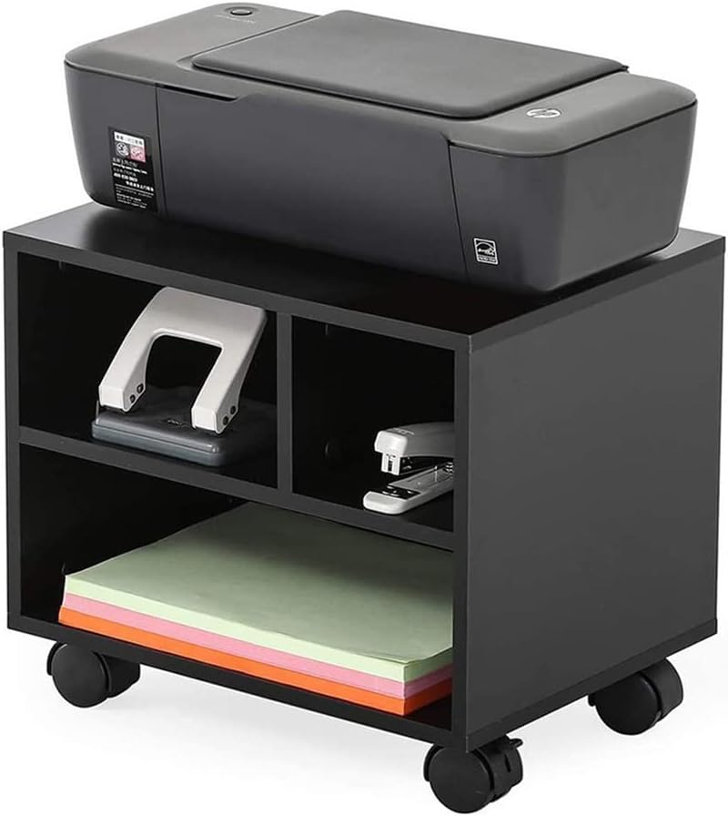 2-Tier Mobile Under Desk Printer Stand, Wood Under Desk Printer Table with Wheels, Small Black Rolling Printer Cart for Home, Office, Scanner, Fax Machine, Computer, Copier