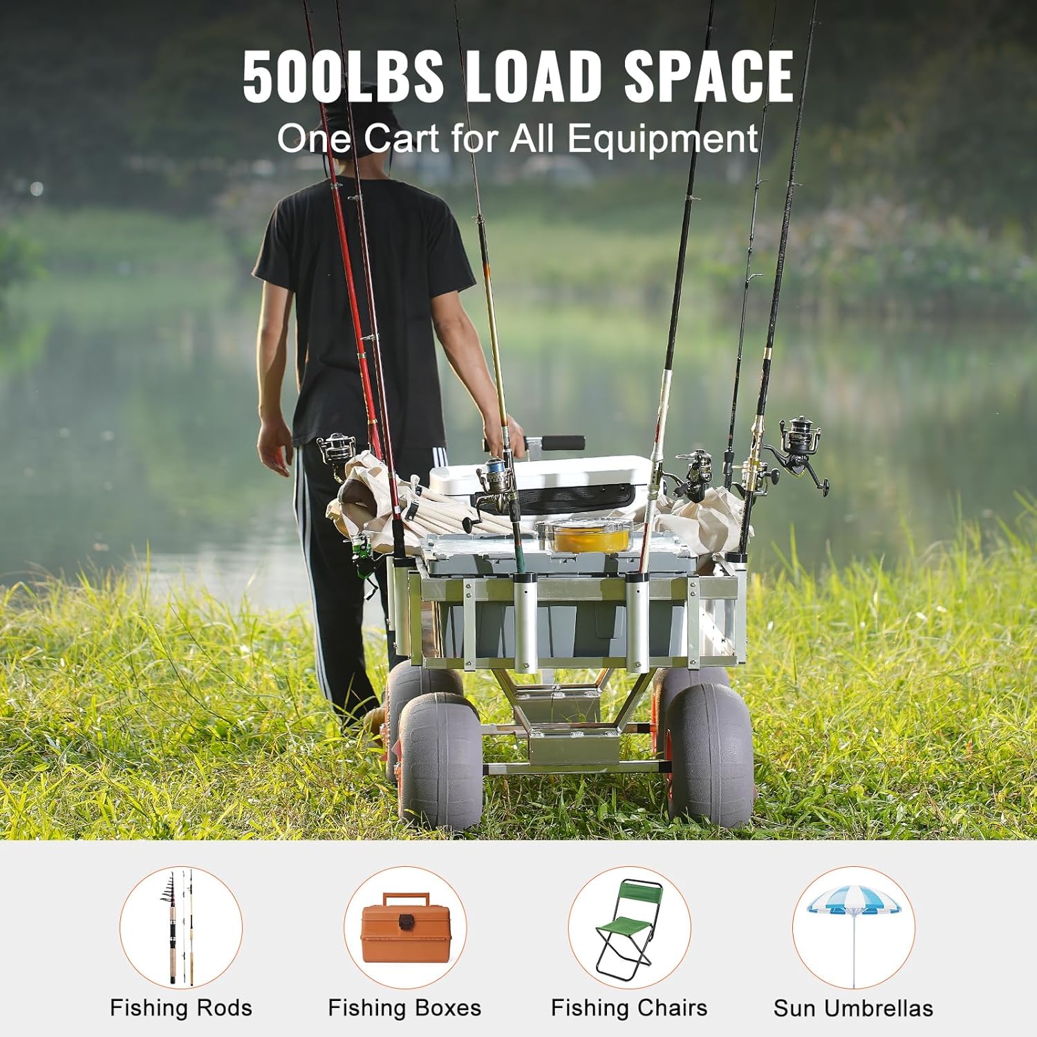 VEVOR Beach Fishing Cart, 400lbs Load Capacity, Fish and Marine Cart with Four 13" Big Wheels PU Balloon Tires for Sand, Heavy-Duty Aluminum Pier Wagon Trolley with 6 Rod Holders for Fishing, Picnic