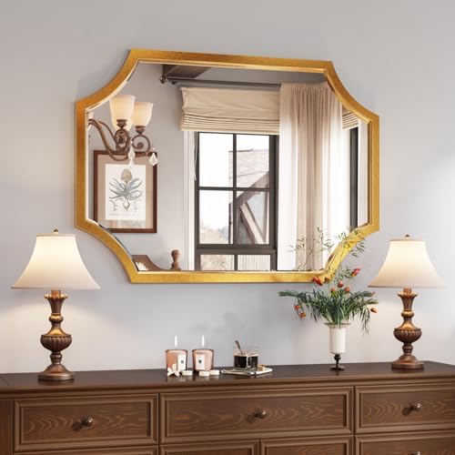 Kelly Miller 30"x40" Large Gold Bathroom Mirror for Wall, Gold Scalloped Vanity Mirror Bevelled Framed Decorative Mirror for Master Bath Half Bath Entrance Hallway Bedroom Living Room Fireplace Mantle