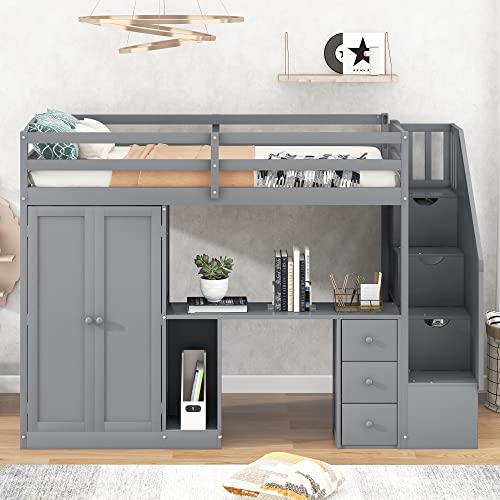 Harper & Bright Designs Twin Size Loft Bed with Desk and Stairs, Solid Wood Loft Bed Frame with Storage and Slat Support, for Kids Teens Adults (Espresso)