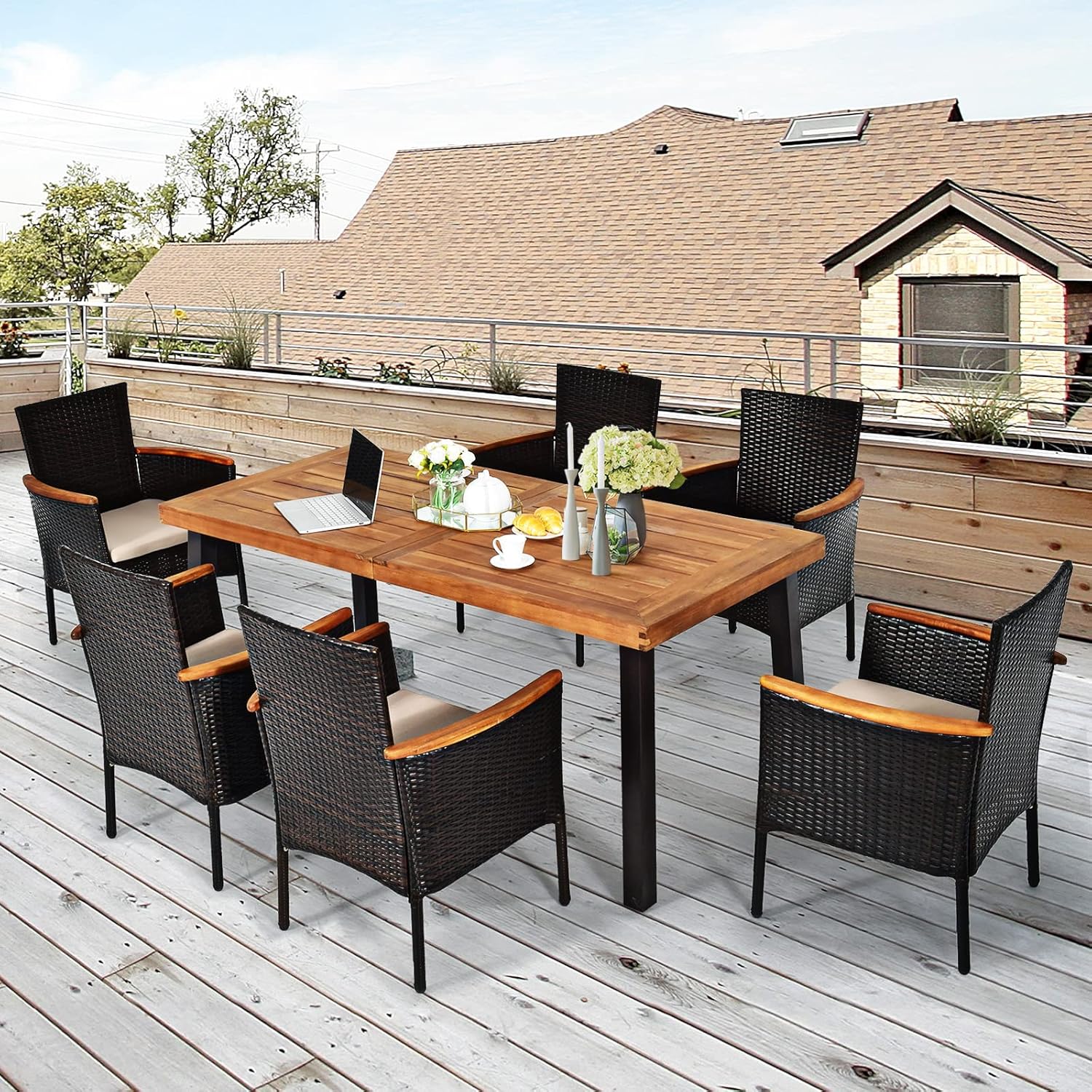 Tangkula 7 Pieces Patio Dining Set, Patiojoy Outdoor Conversation Set w/Acacia Wood Top Table & 6 Stackable Rattan Chairs, Wicker Dining Furniture w/Umbrella Hole, Steel Frame, Sponge Seat Cushions
