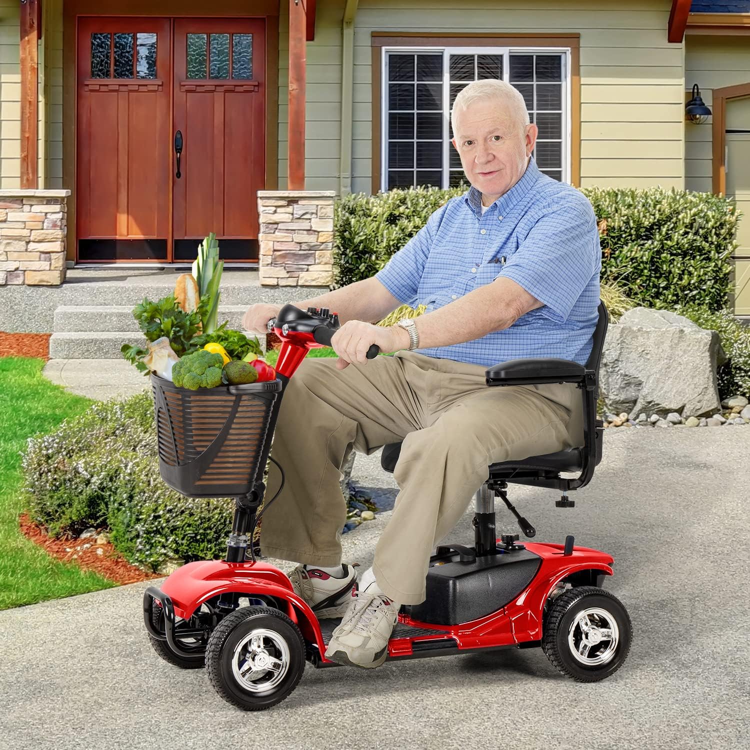 4 Wheel Mobility Scooter, Electric Power Mobile Scooters with Lights, Basket and Extended Battery, Collapsible and Compact Duty Travel Scooter w/Height-Adjustable Swivel Seat, for Seniors Adult, Red