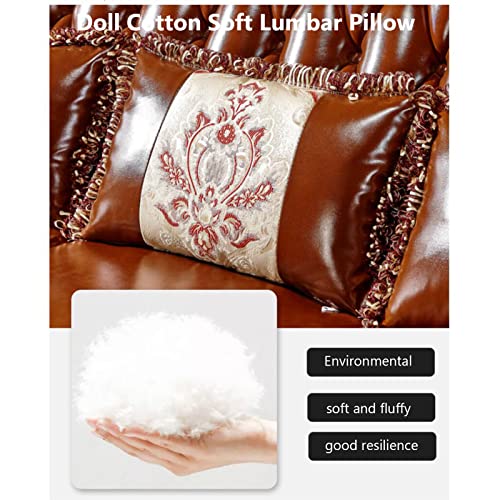 European-Style Leather Sofa, Solid Wood Carved High-end American-Style Sofa Villa Living Room Furniture Suitable for Villa Living Room with Pillows Stool