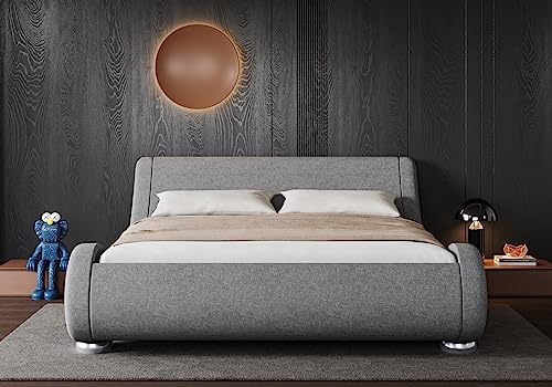 Allewie Queen Size Bed Frame with Ergonomic & Adjustable Headboard, Low Profile Modern Upholstered Platform Sleigh Design - Easy Assembly, No Box Spring Required, Black