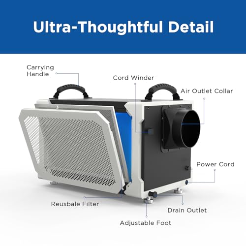 145 Pint Commercial Dehumidifier with Drain Hose for Crawl Spaces, Basements, Industry Water Damage Unit, Large Capacity, Compact, Portable, Auto Defrost, Memory Starting