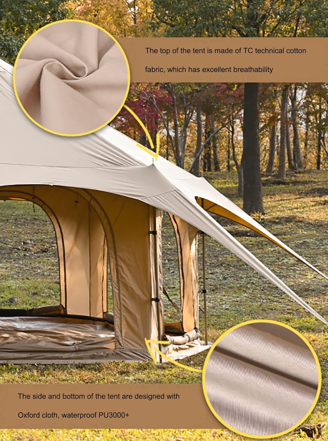 Outdoor Waterproof Cotton Canvas Tent, 4 Season Family Camping Bell Tent 8-10 Person with Stove Jacks for Glamping and Festivals and Human Shelter for Inhabiting or Leisure (Beige)