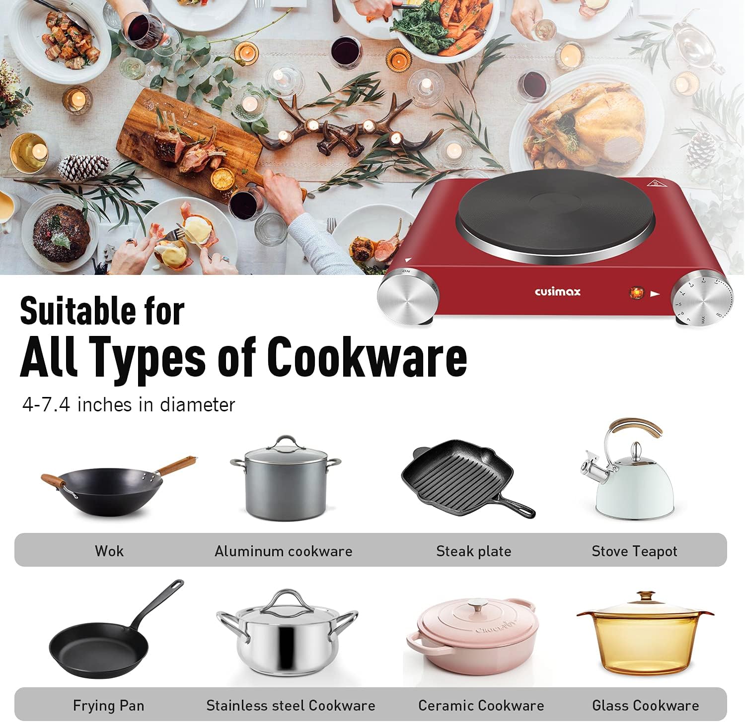 Cusimax Hot Plate Electric Burner Single Burner Cast Iron hot plates for cooking Portable Burner 1500W with Adjustable Temperature Control Stainless Steel Non-Slip Rubber Feet, Upgraded Version