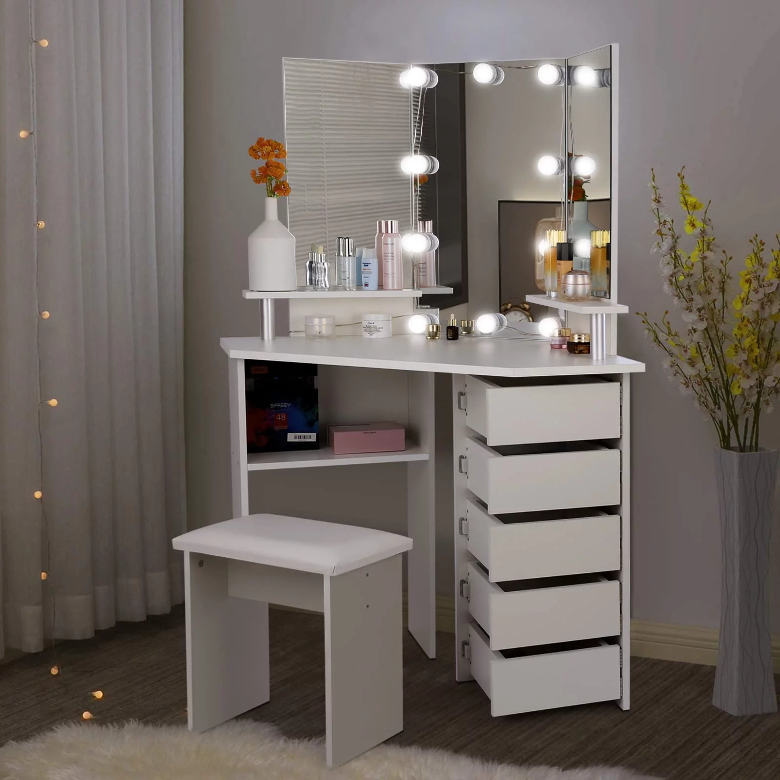 Corner Vanity Table Stool Lights Set for Modern Bedroom