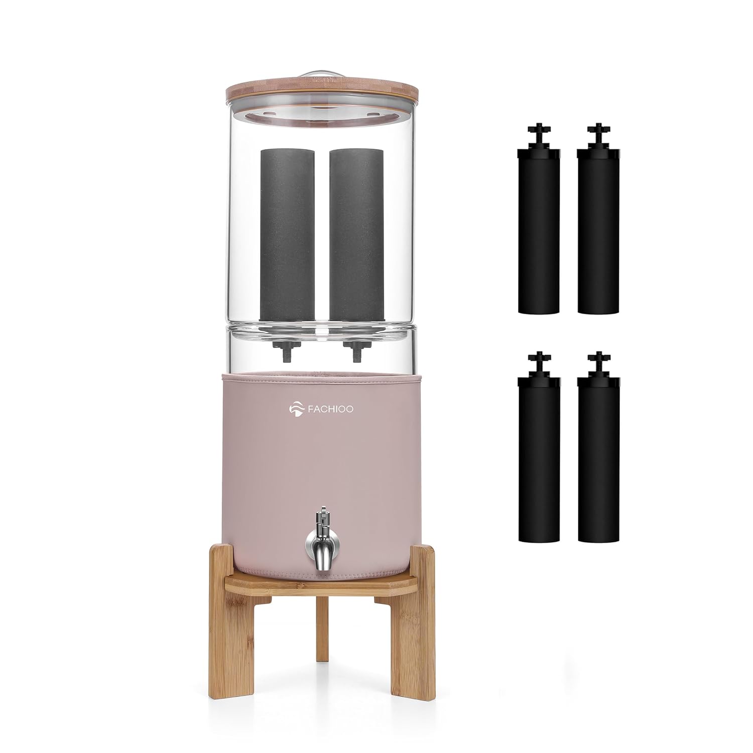 All Glass Gravity-fed Water Filter System, 2.25-Gallon All Glass Water Purifier with 4 Filters (4 Black Filter, 7 Inch Stand, Protective Sleeve), Reduces 99% Chlorine