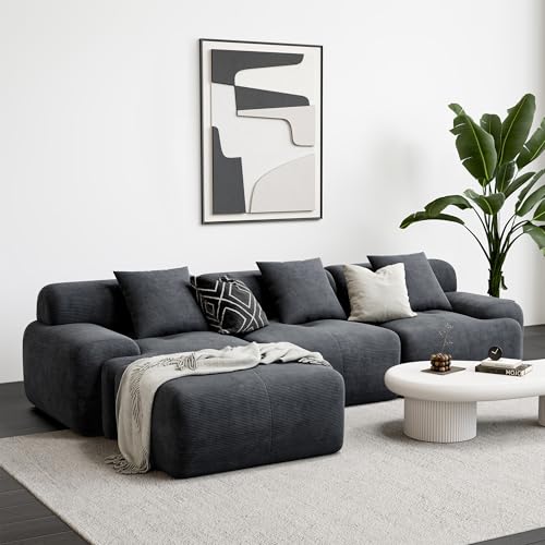 LIKIMIO 118" Modern L-Shaped Modular Sectional Sofa for Living Room, Corduroy Upholstery Green, Oversized 3-Seater Couch with Deep Seat and Movable Ottoman – No Assembly