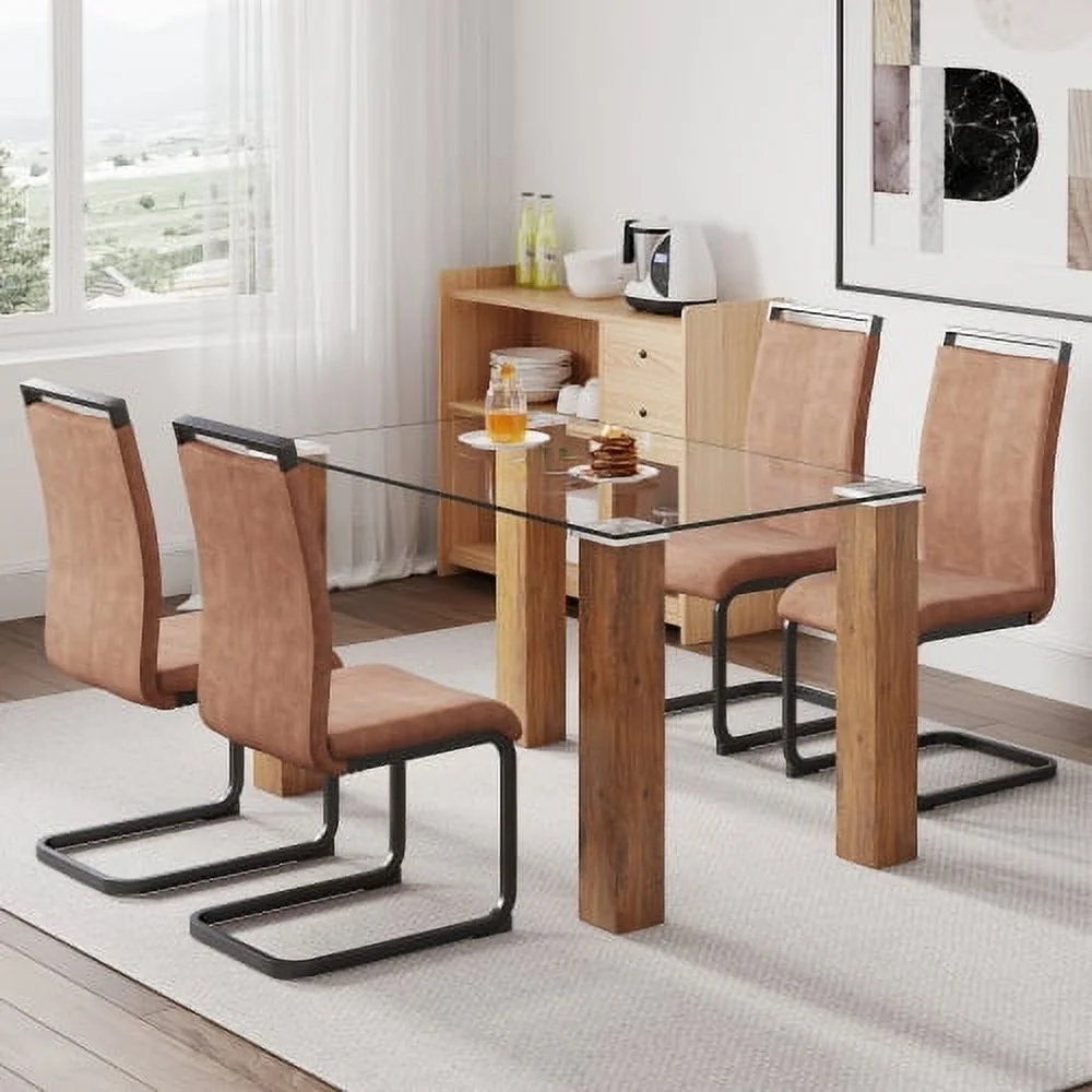 Table And Chair Set, 1 Table And 4 Chairs. A Modern And Minimalist Rectangular Dining Table. Glass Desktop And Wood Colar Mdf Table Legs. Paired With Brown Chairs