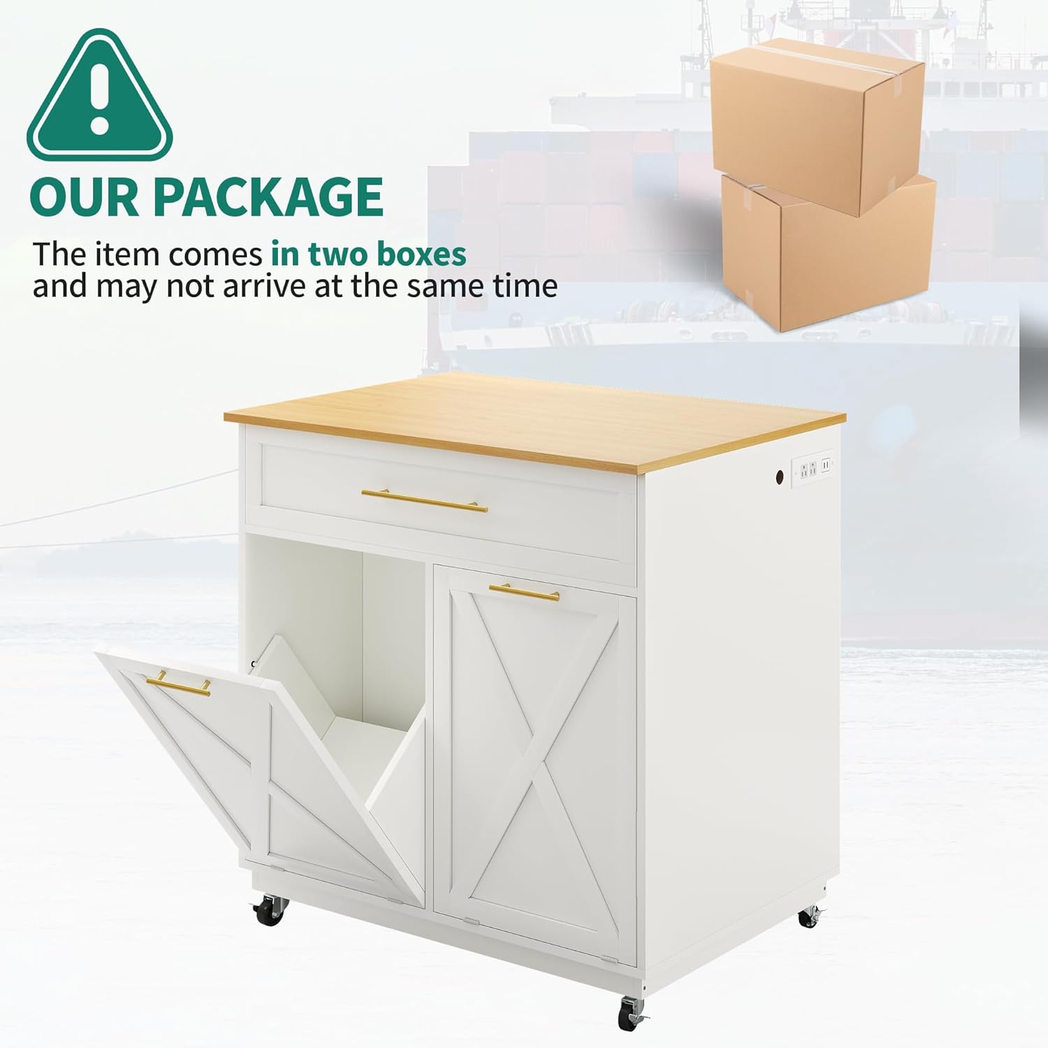 DWVO Square Kitchen Island with Double Tilt Out Trash Can Storage Cabinet, Rolling Portable Islands Table w Power Outlet Wheel Drawer Hidden 10 Gallon Garbage Bin Storage, White Oak