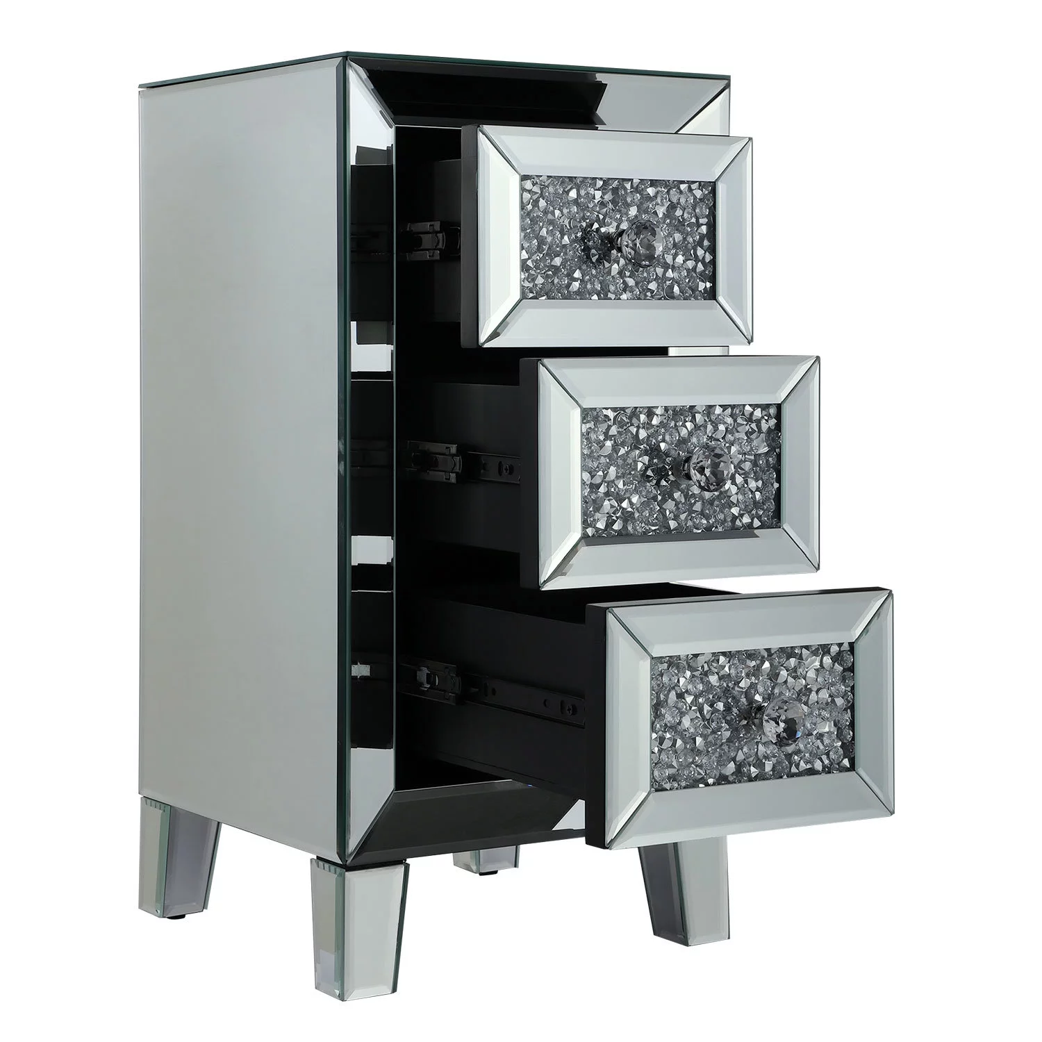 LANTRO JS Modern Mirrored Nightstand, Sofa Side Table with 3 Crystal Diamond Drawers, End Table for Bedroom Living Room Furniture