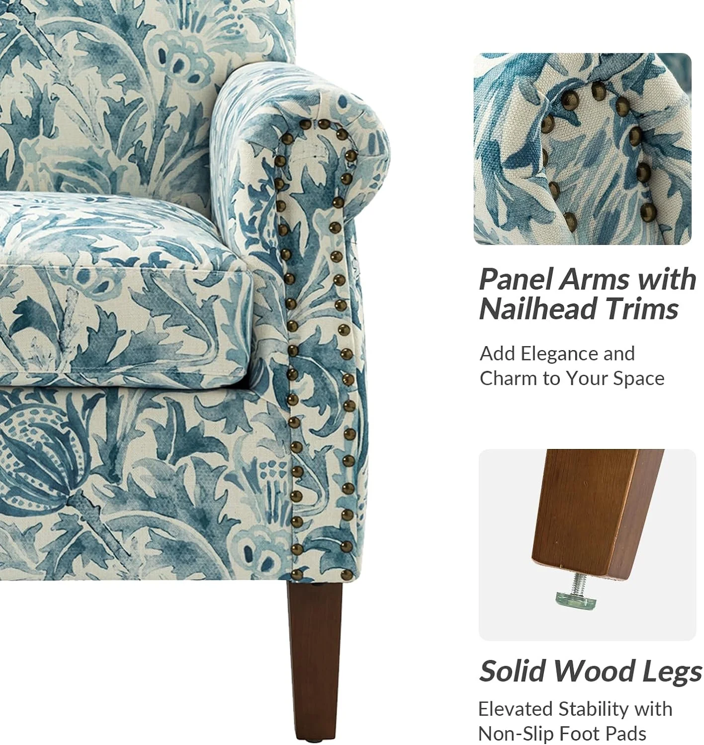 Modern Accent Chair With Wood Legs & Removable Cushion, Comfy Upholstered Armchair Nailhead Trim, Floral Design Single Sofa Cozy Club Chair For Living Room Bedroom Reading Office, Aegean