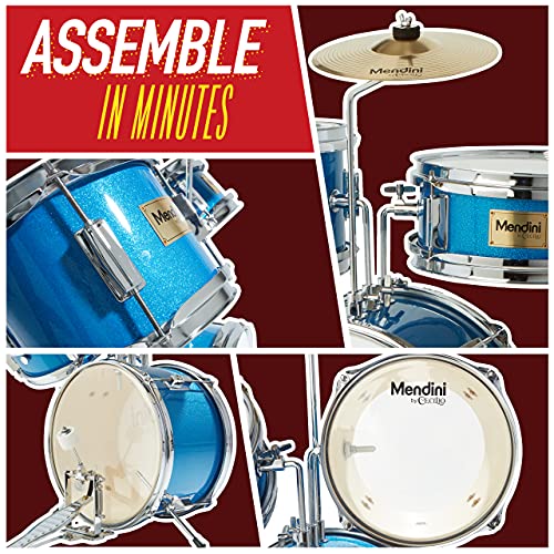 Mendini By Cecilio Kids Drum Set, 3 Piece Junior Drum Set for Beginners with Bass Tom Snare Drum, 16 inch Drum Kit with Snare, Cymbal, Drumsticks, Adjustable Seat (Metallic Red)