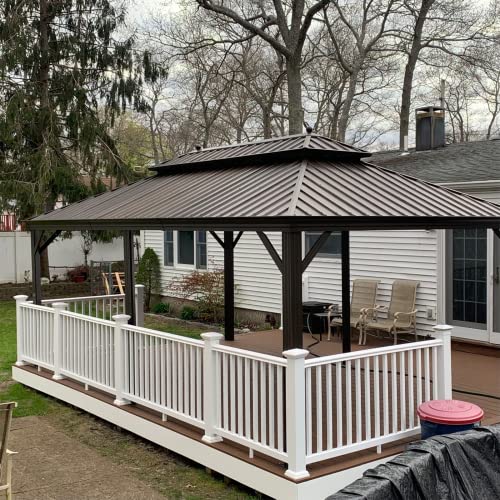 YOLENY 10' x 12' Hardtop Gazebo, Wood-Looking Gazebo with Galvanized Steel Double Roof, Aluminum Frame, Permanent Metal Pavilion with Netting and Curtains for Deck, Backyard, Patio and Lawns