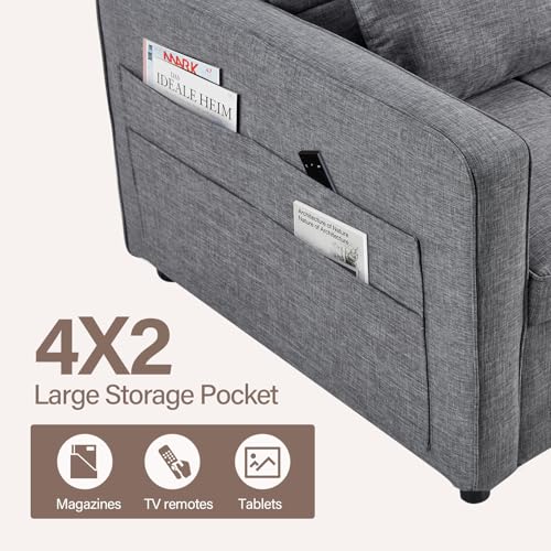 3-in-1 Convertible Sleeper Sofa Bed, Futon Couches with Pullout Bed, 2-Seater Loveseat Sofa with Storage Pockets, Adjustable Backrest and Toss Pillows for Living Room Apartment, Grey