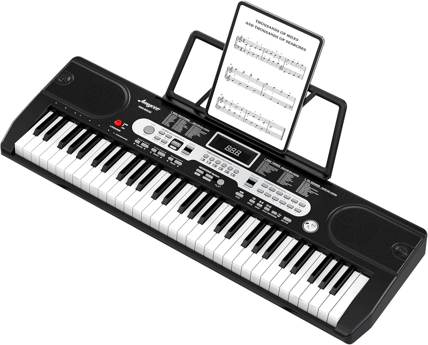 61-Key Electric Keyboard Piano, Amyove Portable Piano Keyboards for Beginners with LCD Display, Headphones, Microphone, Power Supply, Sheet Music Stand, Bench & Stand