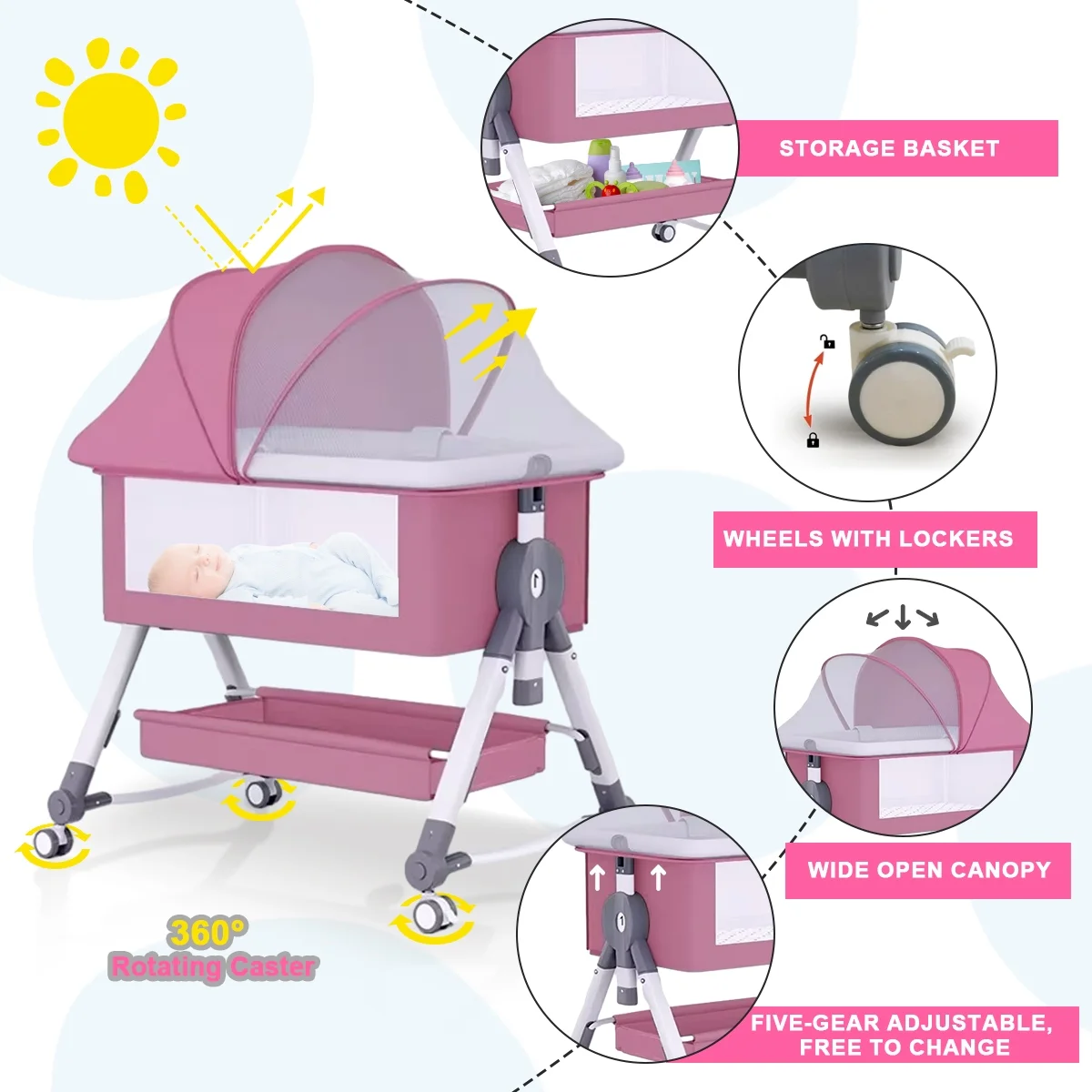 Baby Bassinet, 4 in 1 Infant Bedside Crib with Storage Basket and Wheel &Changing Table, Adjustable Infant Cradle, Pink
