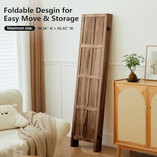 Wood Room Divider 4 Panel, 5.6 FT Tall Room Divider and Folding Privacy Screen, Partition Divider for Room Separation, Wooden Wall Divider Screen for Home Office Bedroom (Retro White)