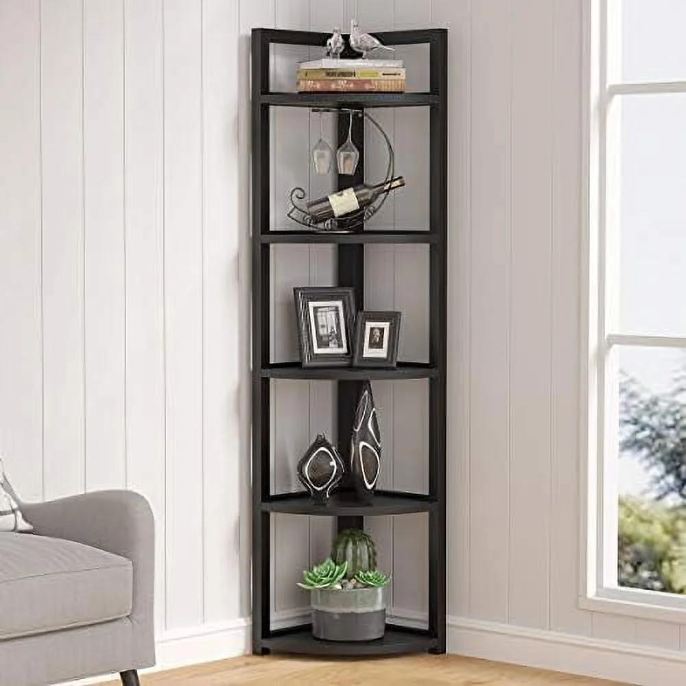 YZboomLife 5 Tier Corner   Rustic Corner Bookshelf Small Bookcase  Rack Plant Stand for Living Room  Home Office  Kitchen  Small Space (Brown)