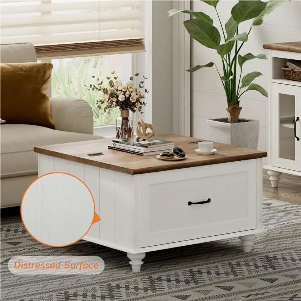RUNFAYBIU Farmhouse Coffee Table with   Square Coffee Table with Lift Top &amp; Drawer  Wood Center Table for Living Room  Home  Office  White