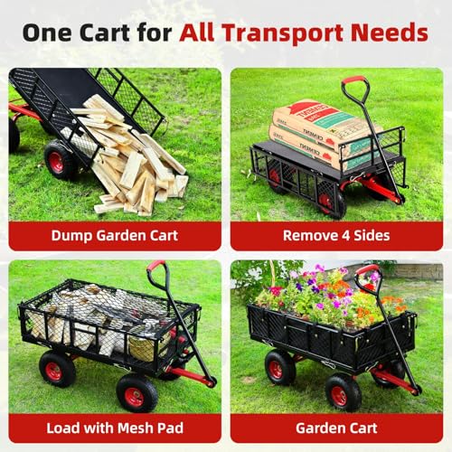 880 lbs 10" Tires Steel Garden Cart with 180° Rotating Handle and Removable Sides, Heavy Duty Utility Garden Carts and Wagons, Heavy Duty Yard Dump Wagon Utility Wagon with Removable Sides