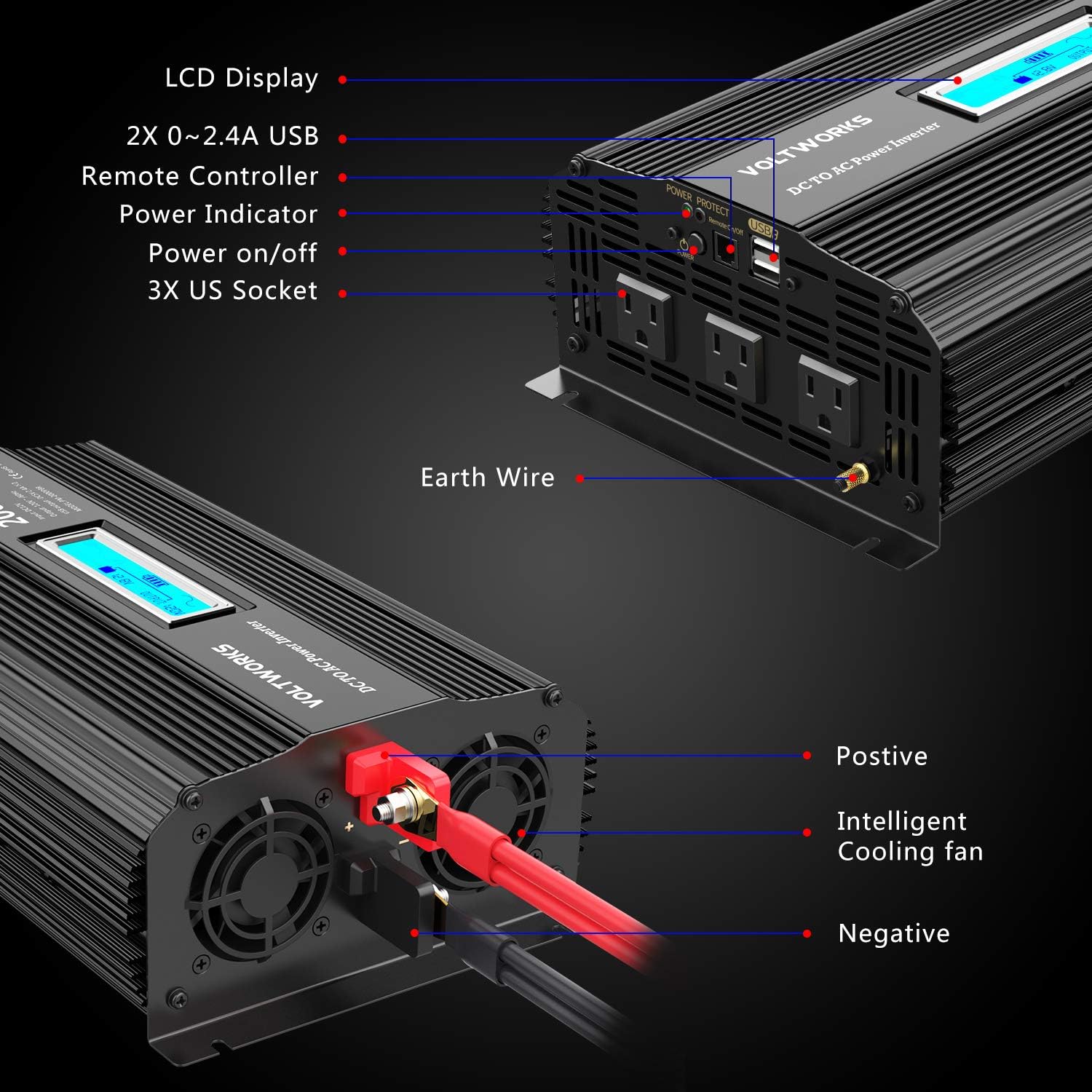 Power Inverter 2000w DC 12V to AC 120V Modified Sine Wave Inverter 2000 watt with LCD Display Remote Control and 3AC Outlets Dual 2.4A USB Ports for Car RV Truck Boat[3 Years Warranty] by VOLTWORKS