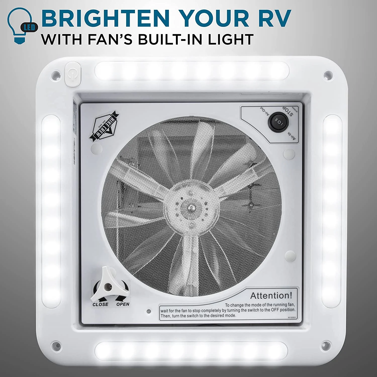 Hike Crew 11” RV Roof Vent Fan with LED Light | 12V Motorhome Vent Fan | Intake & Exhaust, Manual Open/Close & White Lid | Includes Screws & Garnish